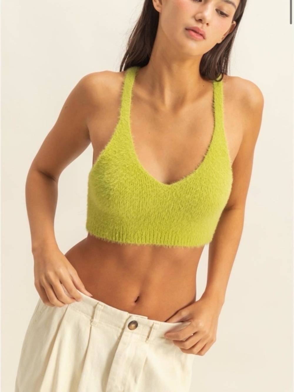 Double Zero Fuzzy Lime Green V-Neck Cropped Tank - NWT - Small